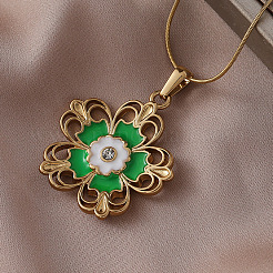 316 Surgical Stainless Steel Enamel Green Flower Pendant Necklaces for Women&nbsp;AT0349
