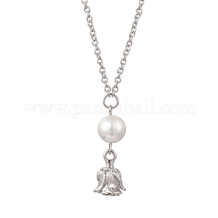 Alloy Rose Flower and Round Shell Pearl Pendant 304 Stainless Steel Cable Chain Necklaces for Women&nbsp;NJEW-JN05759-02
