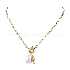 Ocean 304 Stainless Steel Fish and Natural Baroque Keshi Pearl Coin Bead Pendant Paperclip Chain Necklaces for Women&nbsp;NJEW-JN06327