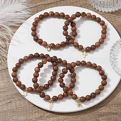 5Pcs 5 Style Natural Wenge Wood Round Beaded Stretch Bracelets Set&nbsp;BJEW-JB10012