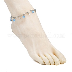 201 Stainless Steel Moon Star & Natural Dyed Malaysia Jade Round Charm Brass Bar Link Chain Anklets&nbsp;AJEW-AN00732-02