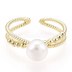 Natural Pearl Double Lines Brass Open Cuff Finger Rings&nbsp;PEAR-N022-C08