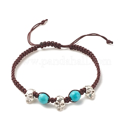 3Pcs Natural Tiger Eye & Lava Rock & Synthetic Turquoise Braided Bead Bracelets Set with Alloy Skull&nbsp;BJEW-JB08114-02