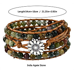 Adjustable Alloy Flower Natural Indian Agate Round Beaded Wrap Bracelets for Women&nbsp;WGB06FC-01