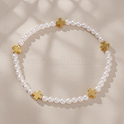 Minimalist Round Imitation Pearl & Brass Cross Beaded Stretch Bracelets&nbsp;MM4017