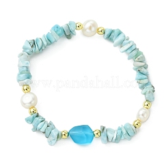 Natural Larimar Chips & Cultured Freshwater Pearl & Frosted Glass Beaded Stretch Bracelets for Women&nbsp;BJEW-JB13845