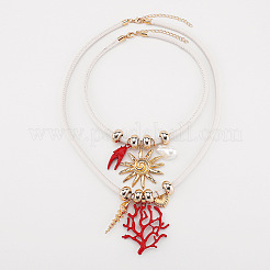Sun Red Coral Shape Alloy & Plastic Pearl Pendant Imitation Leather Cord Double Layer Necklaces&nbsp;FS-WG16676-01
