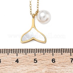 304 Stainless Steel with Natural White Shell Whale Tail Pendant Necklaces with ABS Plastic Pearl Round Beads&nbsp;NJEW-C114-01G