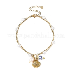 Ocean 304 Stainless Steel Sea Animals & Handmade Flower Printed Porcelain Ceramic Charm Anklets&nbsp;AJEW-AN00866