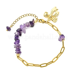 Natural Amethyst Chip Beads 304 Stainless Steel Paperclip Chain Bracelets with Alloy Bowknot Charms&nbsp;BJEW-JB14187-01