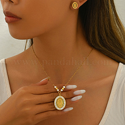 201 Stainless Steel Rhinestones Oval with Virgin Mary Pendant Necklace & Stud Earrings Set for Women&nbsp;RA9493