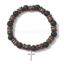 2Pcs Adjustable Natural Coconut & Lava Rock & Synthetic Lava Rock Beads Stretch Bracelets&nbsp;BJEW-JB13285