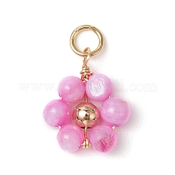 Dyed Natural Shell & Brass Round Beaded Flower Pendants&nbsp;PALLOY-JF03462