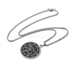 201 Stainless Steel Black Enamel Flat Round Sigil Pendant Necklaces&nbsp;NJEW-H065-14P