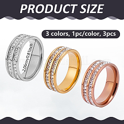 3Pcs 3 Colors Stainless Steel Rhinestone Plain Band Rings&nbsp;RJEW-GA0001-09