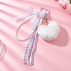 Plush Heart & Polyester Ropes & ABS Plastic Imitation Pearl Pendant Decorations&nbsp;HJEW-JM04393-02