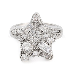 Rack Plating Brass Micro Pave Cubic Zirconia Star Open Cuff Rings for Women&nbsp;RJEW-C080-08P
