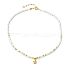 Ocean Brass Pave Clear Cubic Zirconia Sea Animals Pendant Natural Shell and Glass Seed Beaded Necklaces for Women&nbsp;NJEW-JN06345-02