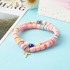 5Pcs 5 Style Handmade Polymer Clay Stretch & Brass Beaded & Alloy Link Chain Bracelets Set&nbsp;BJEW-SZ0001-66A