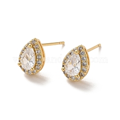 Clear Cubic Zirconia Teardrop Stud Earrings, Long-Lasting Plated Brass Jewelry for Women, Cadmium Free & Lead Free, Real 18K Gold Plated, 9x7mm, Pin: 1mm