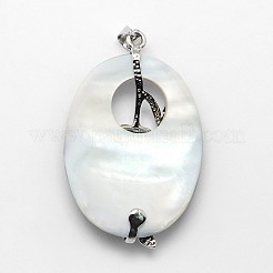 Brass White Shell Oval with Flower Pendants&nbsp;SSHEL-F0006-48B-01