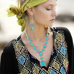 Bohemian Retro Style Alloy Pave Synthetic Turquoise Square Pendant Necklaces for Women&nbsp;WGA0292-04