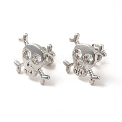 Rack Plating Brass Pave Clear Cubic Zirconia Skull Stud Earrings&nbsp;EJEW-F301-29