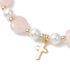 Natural Rose Quartz Heart & Shell Pearl Beads Stretch Bracelets&nbsp;BJEW-JB13413-01