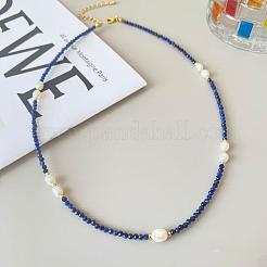 Elegant Natural Freshwater Pearl Rice & Natural Lapis Lazuli Faceted Round Beaded Necklaces for Women&nbsp;HF8817