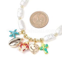 Dyed Synthetic Turquoise Turtle Cross Starfish and Electroplated Shell Pendant ABS Plastic Imitation Pearl Rectangle Beaded Necklaces for Women&nbsp;NJEW-JN05792