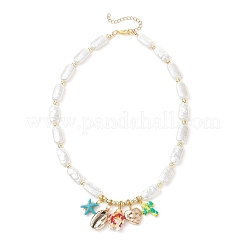 Dyed Synthetic Turquoise Turtle Cross Starfish and Electroplated Shell Pendant ABS Plastic Imitation Pearl Rectangle Beaded Necklaces for Women&nbsp;NJEW-JN05792