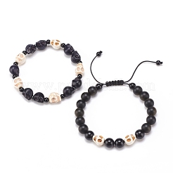 2Pcs 2 Style Natural Golden Sheen Obsidian & Mixed Gemstone Skull Braided Bead Bracelets Set&nbsp;BJEW-JB08382