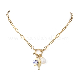 White and Blue Porcelain Round & 304 Stainless Steel Fish & Imitation Pearl Pendant Necklaces for Women&nbsp;NJEW-JN05650