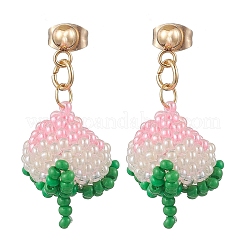 Handmade Glass Seed Beads Peach Dangle Stud Earrings&nbsp;EJEW-MZ00448