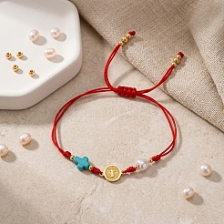 Religion Dyed Synthetic Turquoise Cross and Imitation Pearl Braided Bead Bracelets&nbsp;KV1006