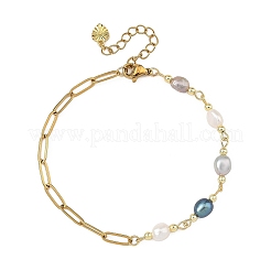 Natural Pearl Two Sides Polished Beaded Chain Bracelets with 304 Stainless Steel Paperclip Chains&nbsp;BJEW-JB14234-03