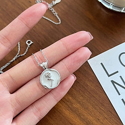 Flat Round with Rose 925 Sterling Silver White Enamel Pendant Necklaces for Women&nbsp;FS-WG4AE28-01