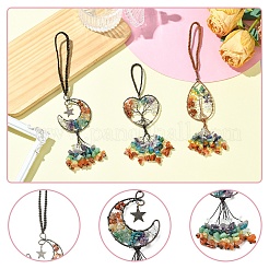 3Pcs 3 Styles Copper Wire Wrapped Chakra Natural Gemstone with Tree of Life Pendant Decorations&nbsp;HJEW-CJ0001-22