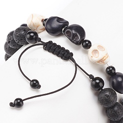 2Pcs 2 Style Natural Lava Rock & Mixed Gemstone Skull Braided Bead Bracelets Set&nbsp;BJEW-JB08381