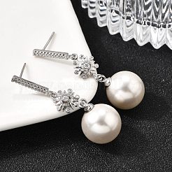 925 Sterling Silver Clear Cubic Zirconia Sun with Round Dangle Stud Earrings&nbsp;EJEW-L300-04P