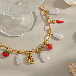 Ocean 304 Stainless Steel Enamel Red Strawberry Watermelon & Natural Freshwater Pearl Pendant Paperclip Chain Bib Necklaces for Women&nbsp;VT2303