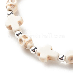Synthetic Turquoise(Dyed) Cross & Skull Beaded Stretch Bracelet&nbsp;BJEW-JB08451-01