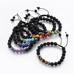 Natural Lava Rock and Non-Magnetic Synthetic Hematite Beads Braided Bead Bracelets&nbsp;BJEW-JB03975