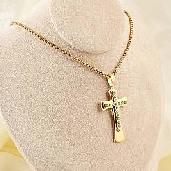 201 Stainless Steel Clear Cubic Zirconia Religion Cross Pendant Box Chain Necklaces for Men&nbsp;NJEW-S387-06G