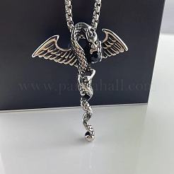 Vintage 304 Stainless Steel Jet Rhinestone Winged Dragon Pendant Punk Hip-hop Necklaces for Men&nbsp;IL6060