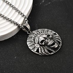 304 Stainless Steel Indian Head Skull Pendant Necklaces for Women Men&nbsp;NJEW-Z076-03AS
