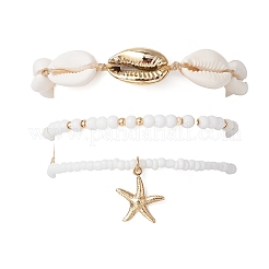 3Pcs 3 Styles Glass Seed Beads Stretch Bracelets & Charm Bracelets & Natural Mixed Cowrie Shell Beads Braided Bracelets&nbsp;BJEW-TA00639