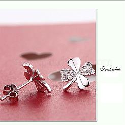 Real Platinum Plated Brass Four Leaf Clover Stud Earrings&nbsp;EJEW-EE0001-231