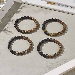 Natural Wenge Wood & Lava Rock Beaded Stretch Bracelet Sets with Synthetic Hematite Beads&nbsp;BJEW-JB09213