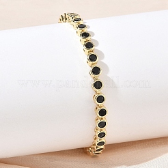 Brass Pave Cubic Zirconia Flat Round Link Chain Bracelets&nbsp;KK-CBA6980-17G-A